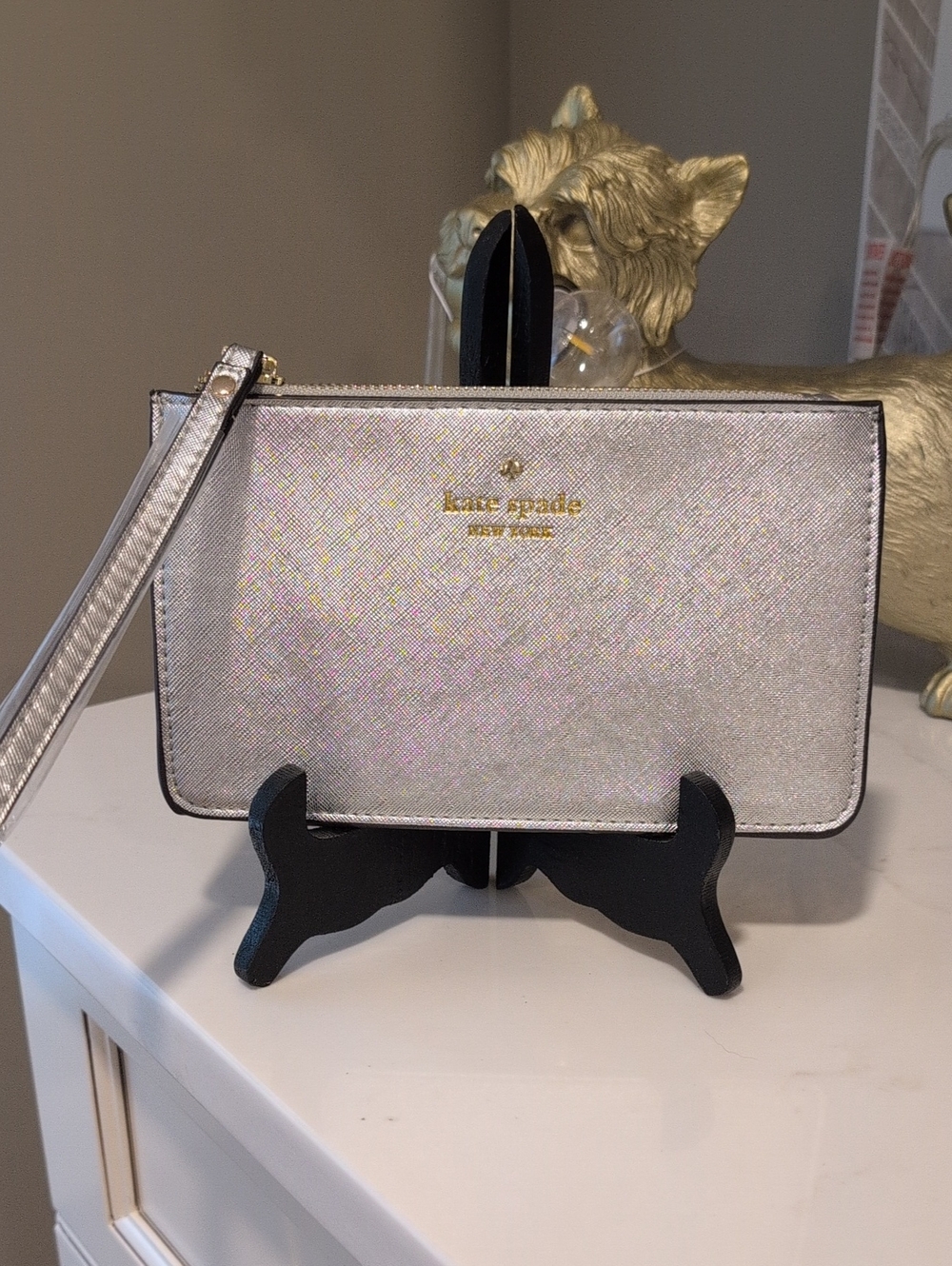 Kate Spade Metallic Silver Wristlet Wallet With Gold Logo. NWOT